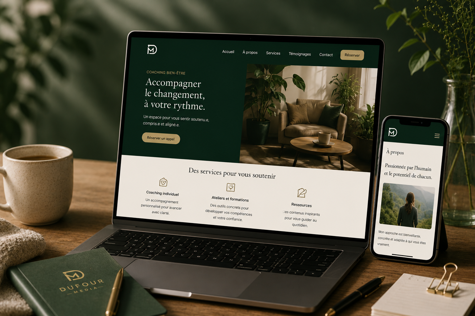 Exemple de site web créé par Dufour Media, affiché sur ordinateur et téléphone